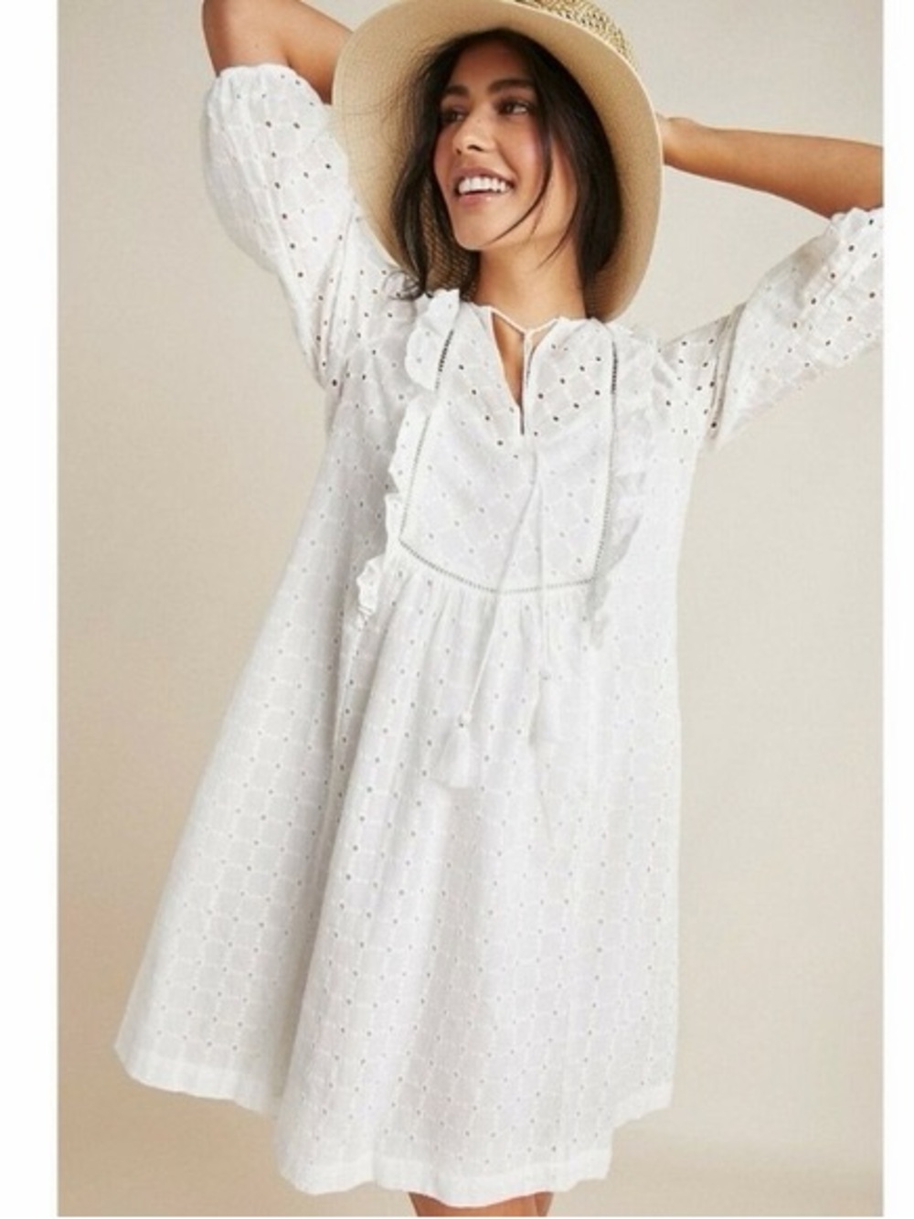 Anthropologie Thames White Eyelet Mini Dress 3/4 Sleeves